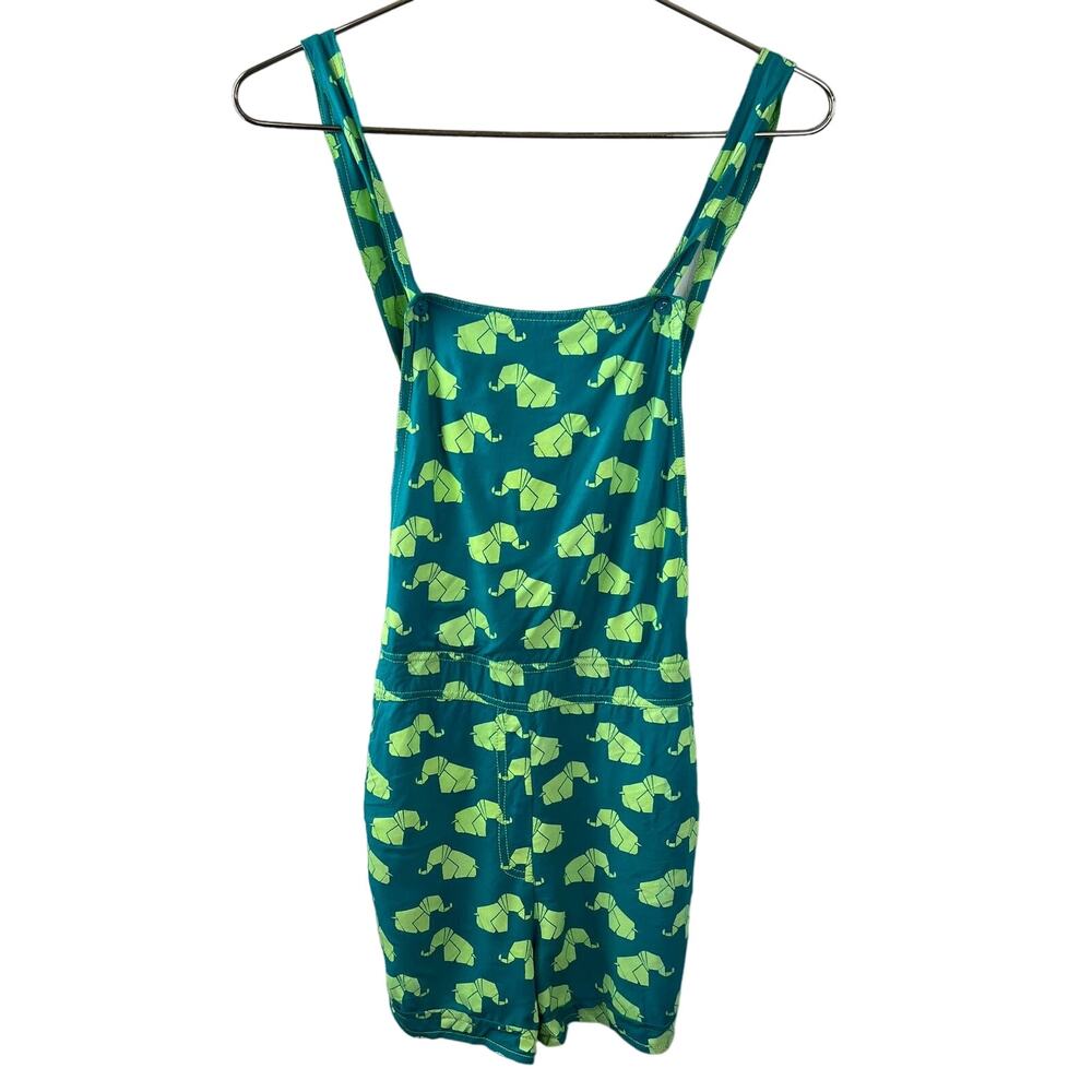 Global Desi Dungarees Teal Neon Green Elephants Side Buttons 1 Piece Overalls XS